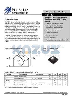 PE4140 datasheet - Ultra-High Linearity UltraCMOS Broadband Quad MOSFET Array Features