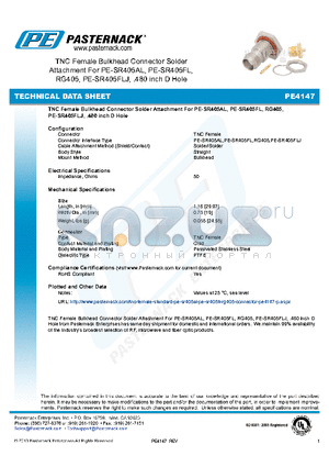 PE4147 datasheet - TNC Female Bulkhead Connector Solder Attachment For PE-SR405AL, PE-SR405FL, RG405, PE-SR405FLJ, .480 inch D Hole