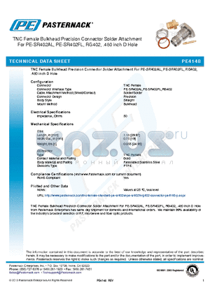 PE4148 datasheet - TNC Female Bulkhead Precision Connector Solder Attachment For PE-SR402AL, PE-SR402FL, RG402, .480 inch D Hole