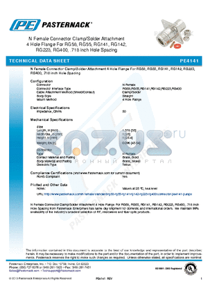 PE4141 datasheet - N Female Connector Clamp/Solder Attachment 4 HOle Fiange For RG58, RG55, RG141, RG142, RG223, RG400, 718 inch Hole Spacing