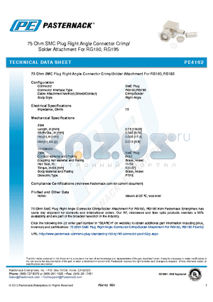 PE4162 datasheet - 75 Ohm SMC Plug Right Angle Connector Crimp/ Solder Attachment For RG180, RG195