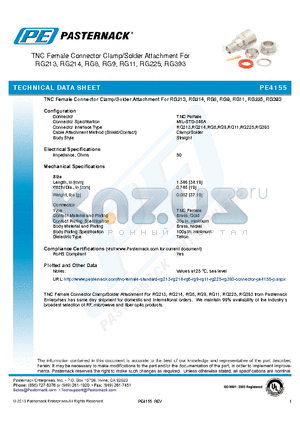 PE4155 datasheet - TNC Female Connector Clamp/Solder Attachment For RG213, RG214, RG8, RG9, RG11, RG225, RG393