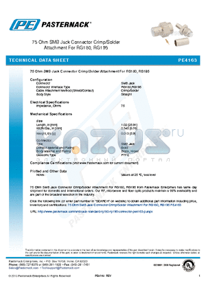 PE4163 datasheet - 75 Ohm SMB Jack Connector Crimp/Solder Attachment For RG180, RG195