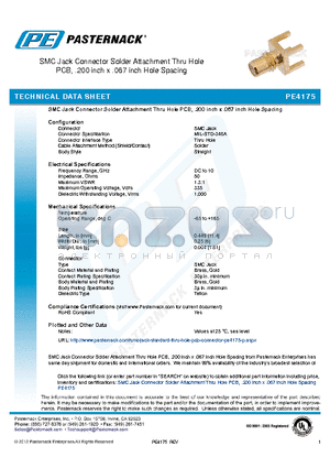 PE4175 datasheet - SMC Jack Connector Solder Attachment Thru Hole PCB, .200 inch x .067 inch Hole Spacing