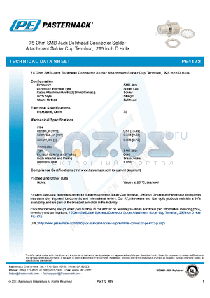 PE4172 datasheet - 75 Ohm SMB Jack Bulkhead Connector Solder Attachment Solder Cup Terminal .295 inch D HOLE