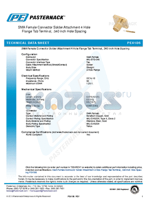 PE4186 datasheet - SMA Female Connector Solder Attachment 4 Hole Flange Tab Terminal, .340 inch Hole Spacing