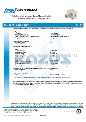 PE4190 datasheet - SMA Female Connector Solder/Solder (Captive Contact) Attachment 1/8 inch Stripline PCB