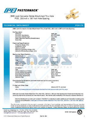 PE4174 datasheet - SMB Jack Connector Solder Attachment Thru Hole PCB, .200 inch x 067 inch Hole Spacing