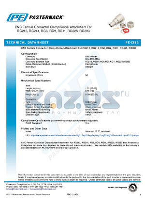 PE4212 datasheet - BNC Female Connector Clamp/Solder Attachment For RG213, RG214, RG8, RG9, RG11, RG225, RG393