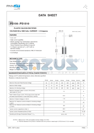 PS151 datasheet - PLASTIC SILICON RECTIFIER(VOLTAGE 50 to 1000 Volts CURRENT - 1.5 Amperes)