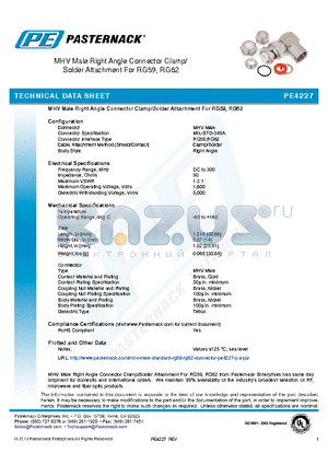 PE4227 datasheet - MHV Male Right Angle Connector Clamp/Solder Attachment For RG59, RG62