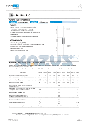 PS1510 datasheet - PLASTIC SILICON RECTIFIER