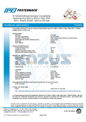 PE4223 datasheet - N Female Bulkhead Connector Clamp/Solder Attachment For RG213, RG214, RG8, RG9,RG11, RG225, RG393, .640 inch DD Hole