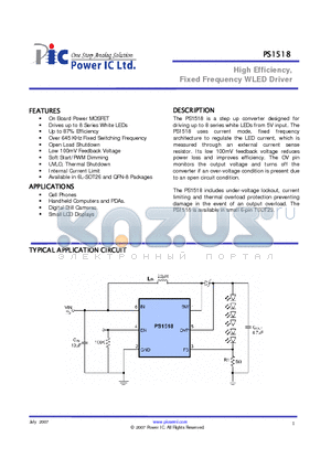 PS1518 datasheet - High Efficiency, Fixed Frequency WLED Driver