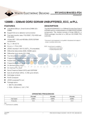 WV3HG32M40SEU403PD4EG datasheet - 128MB - 32Mx40 DDR2 SDRAM UNBUFFERED, ECC, w/PLL