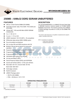 WV3HG64M32EEU403D4MG datasheet - 256MB - 64Mx32 DDR2 SDRAM UNBUFFERED