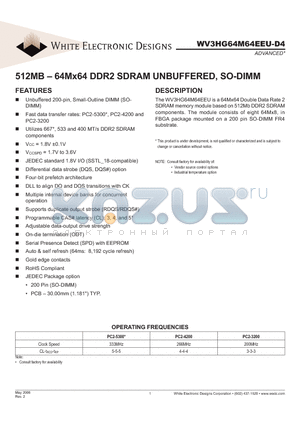 WV3HG64M64EEU-D4 datasheet - 512MB - 64Mx64 DDR2 SDRAM UNBUFFERED, SO-DIMM