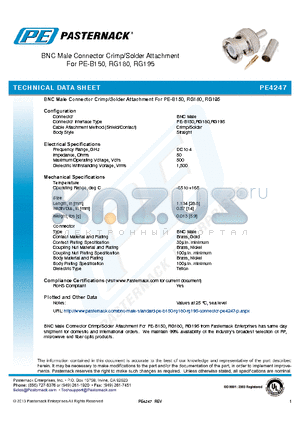 PE4247 datasheet - BNC Male Connector Crimp/Solder Attachment For PE-B150, RG180, RG195