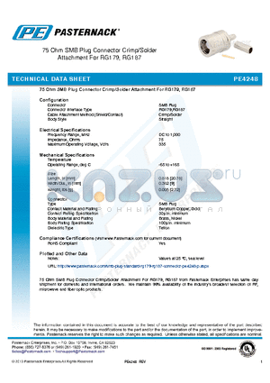 PE4248 datasheet - 75 Ohm SMB Plug Connector Crimp/Solder Attachment For RG179,RG187