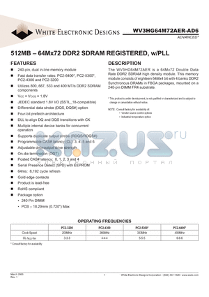 WV3HG64M72AER403AD6SG datasheet - 512MB - 64Mx72 DDR2 SDRAM REGISTERED, w/PLL