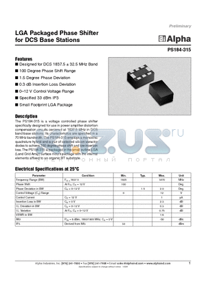 PS184-315 datasheet - LGA Packaged Phase Shifter for DCS Base Stations