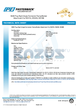 PE4260 datasheet - SMB PLUG RIGHT ANGLE CONNECTOR CLAMP/SOLDER ATTANCHMENT FOR RG174 RG316 RG188