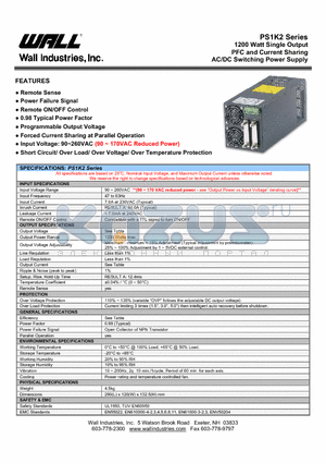 PS1K2S-P060 datasheet - 1200 Watt Single Output PFC and Current Sharing AC/DC Switching Power Supply