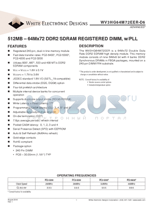 WV3HG64M72EER-D6 datasheet - 512MB - 64Mx72 DDR2 SDRAM REGISTERED DIMM, w/PLL
