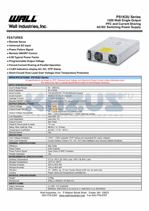 PS1K2U-P018 datasheet - 1200 Watt Single Output PFC and Current Sharing AC/DC Switching Power Supply