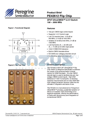 PE42612-90 datasheet - SP4T UltraCMOS 2.6 V Switch 100 - 3000 MHz