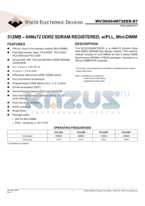 WV3HG64M72EER403D7SG datasheet - 512MB - 64Mx72 DDR2 SDRAM REGISTERED, w/PLL, Mini-DIMM