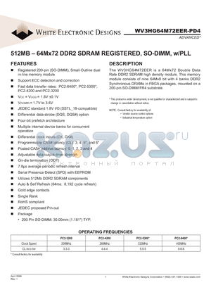 WV3HG64M72EER-PD4 datasheet - 512MB - 64Mx72 DDR2 SDRAM REGISTERED, SO-DIMM, w/PLL