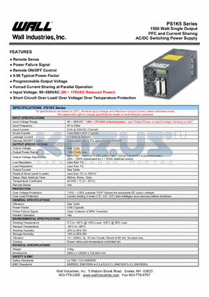 PS1K5S-P024 datasheet - 1500 Watt Single Output PFC and Current Sharing AC/DC Switching Power Supply