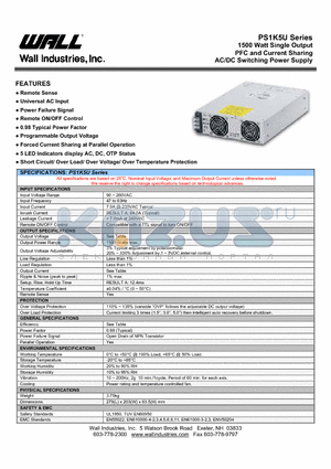 PS1K5U datasheet - 1500 Watt Single Output PFC and Current Sharing AC/DC Switching Power Supply