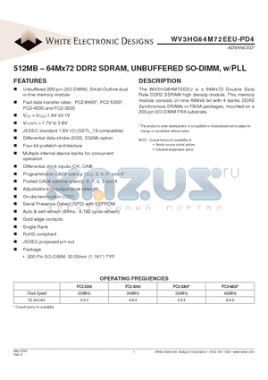 WV3HG64M72EEU403PD4IMG datasheet - 512MB - 64Mx72 DDR2 SDRAM, UNBUFFERED SO-DIMM, w/PLL