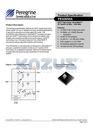 PE42650AMLI datasheet - SP3T High Power UltraCMOS RF Switch 30 MHz - 1000 MHz
