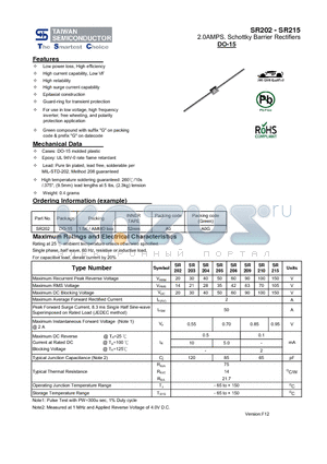 SR215 datasheet - 2.0AMPS. Schottky Barrier Rectifiers High reliability