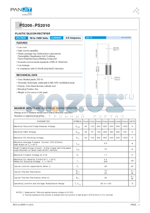 PS2010 datasheet - PLASTIC SILICON RECTIFIER