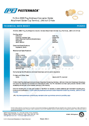 PE4290 datasheet - 75 Ohm SMB Plug Bulkhead Connector Solder Attachment Solder Cup Terminal, .295 inch D Hole