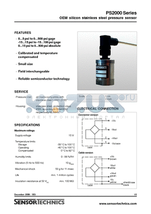 PS2015AA datasheet - OEM silicon stainless steel pressure sensor