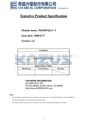 P0340WQLC-T datasheet - Tentative Product Specification