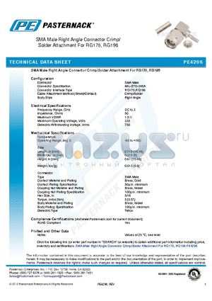 PE4296 datasheet - SMA Male Right Angle Connector Crimp/ Solder Attachment For RG178, RG196