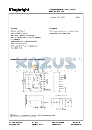 SC08-11GWA datasheet - 20.32mm (0.8INCH) SINGLE DIGIT NUMERIC DISPLAY