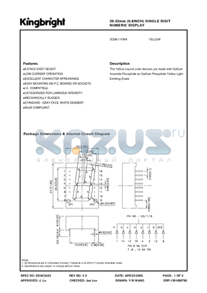 SC08-11YWA datasheet - 20.32mm (0.8INCH) SINGLE DIGIT NUMERIC DISPLAY