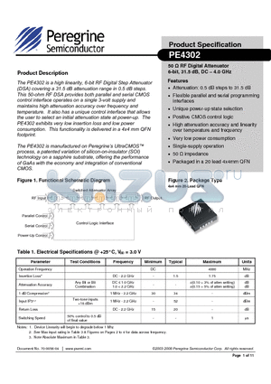 PE4302 datasheet - 50 -RF Digital Attenuator 6-bit, 31.5 dB, DC - 4.0 GHz