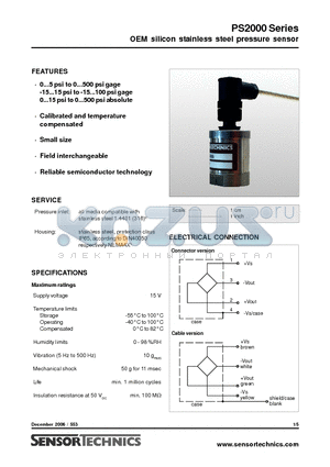 PS2015VA datasheet - OEM silicon stainless steel pressure sensor