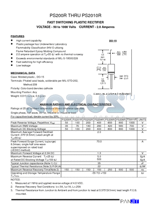 PS202R datasheet - FAST SWITCHING PLASTIC RECTIFIER(VOLTAGE - 50 to 1000 Volts CURRENT - 2.0 Amperes)