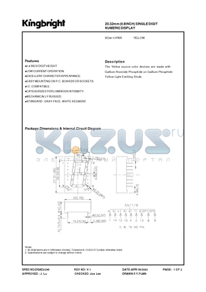 SC08-13YWA datasheet - 20.32mm (0.8INCH) SINGLE DIGIT NUMERIC DISPLAY