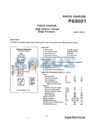 PS2021 datasheet - High Isolation Voltage Single Transistor