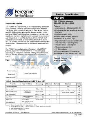 PE4307 datasheet - 75 Y RF Digital Attenuator 5-bit, 15.5 dB, DC - 2.0 GHz